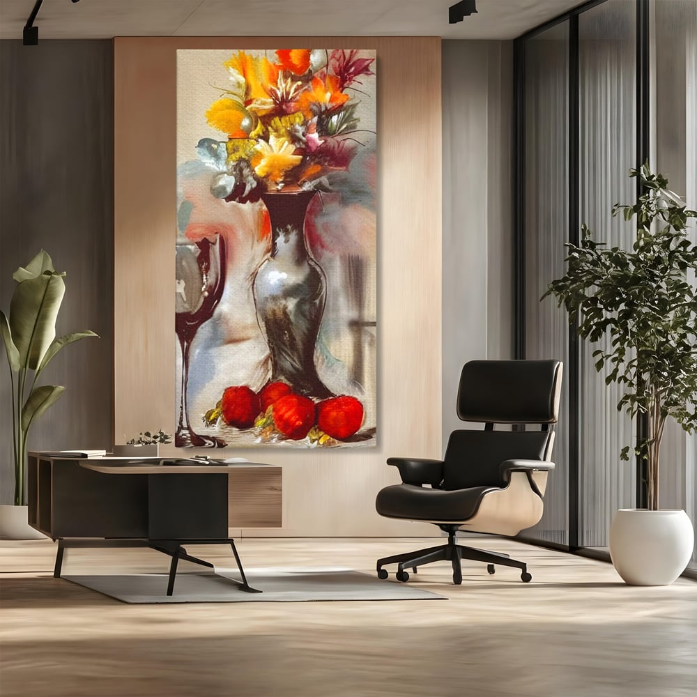 Tablou canvas cu pictura cu vaza, flori si pahar de vin, fara rama, pe sasiu de lemn, pe perete intr-un birou